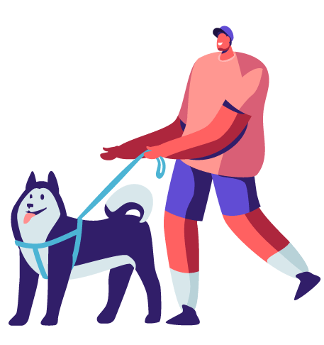 cartoon man walking dog 