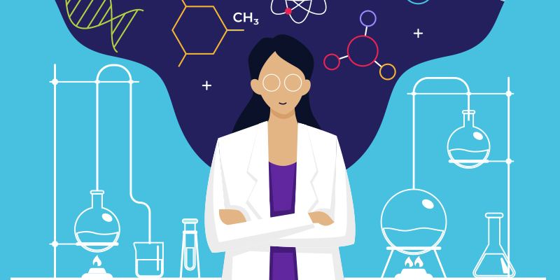 cartoon woman in a science lab