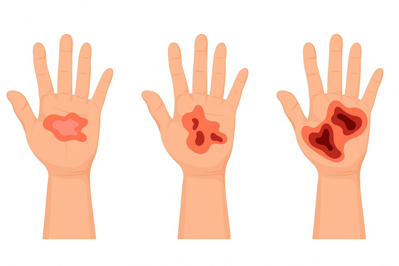 shows burn severity on hands: first-degree, second-degree, and third-degree burns with increasing skin damage.