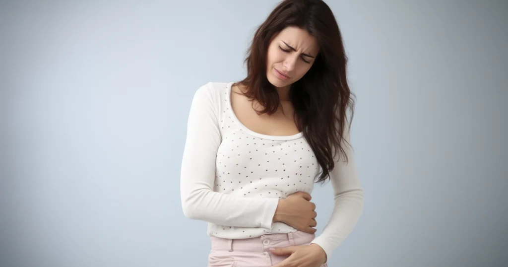 Woman holding her lower abdomen while appearing visibly uncomfortable.