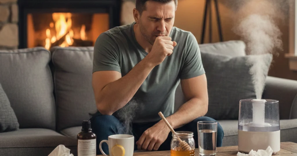 Coughing man using home and OTC cough treatments.