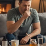 Coughing man using home and OTC cough treatments.