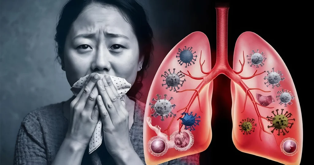 Woman coughing with infected lungs showing respiratory contagion.