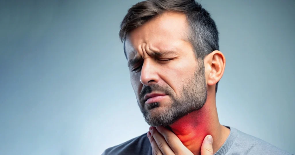 Man holding his throat with visible neck pain.