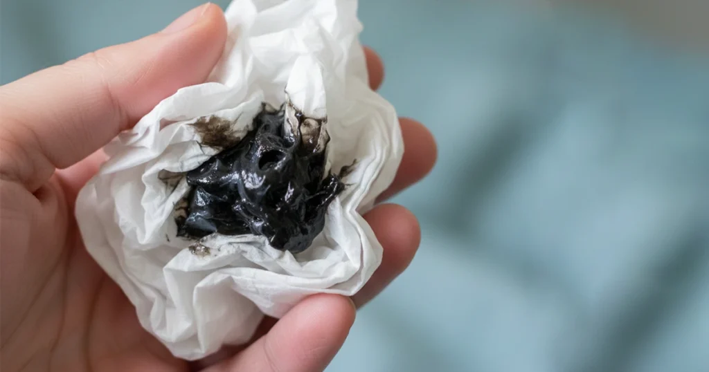 Hand holding a tissue with black mucus.