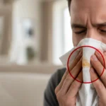 Man blowing his nose into a tissue with brown mucus.