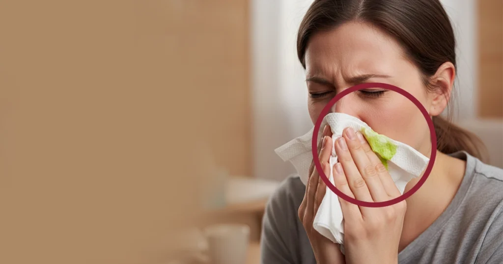 Woman blowing nose with green mucus highlighted.