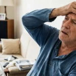 Older man holding his head, appearing unwell, with a blood pressure monitor nearby.