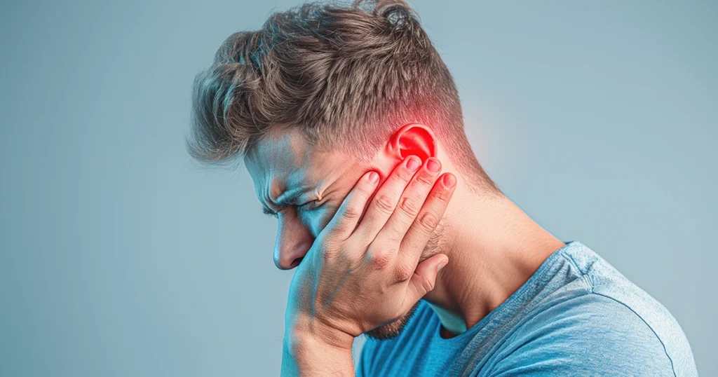 Man holding his ear in pain, showing earache or ear infection symptoms.