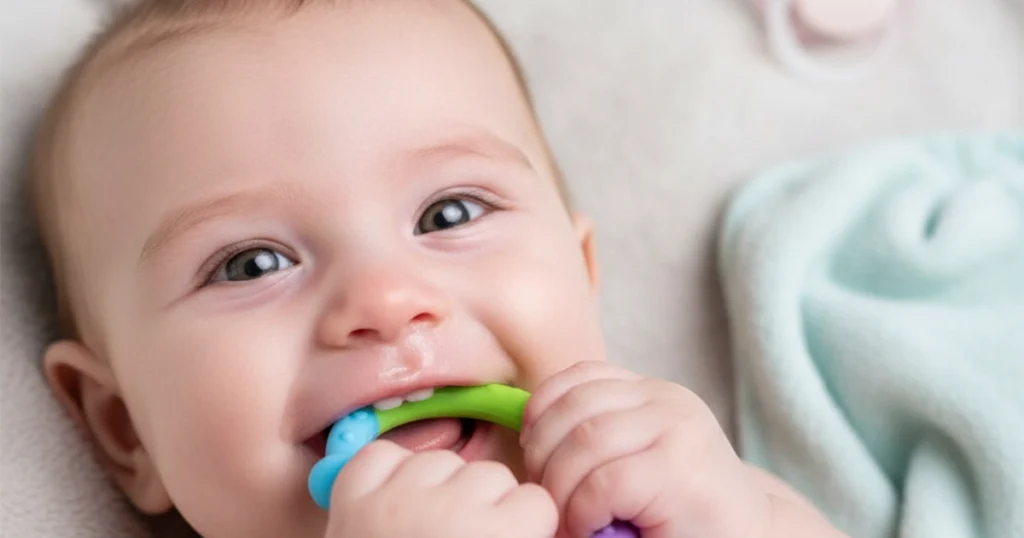Baby with a teething ring, showing signs of teething and runny nose.