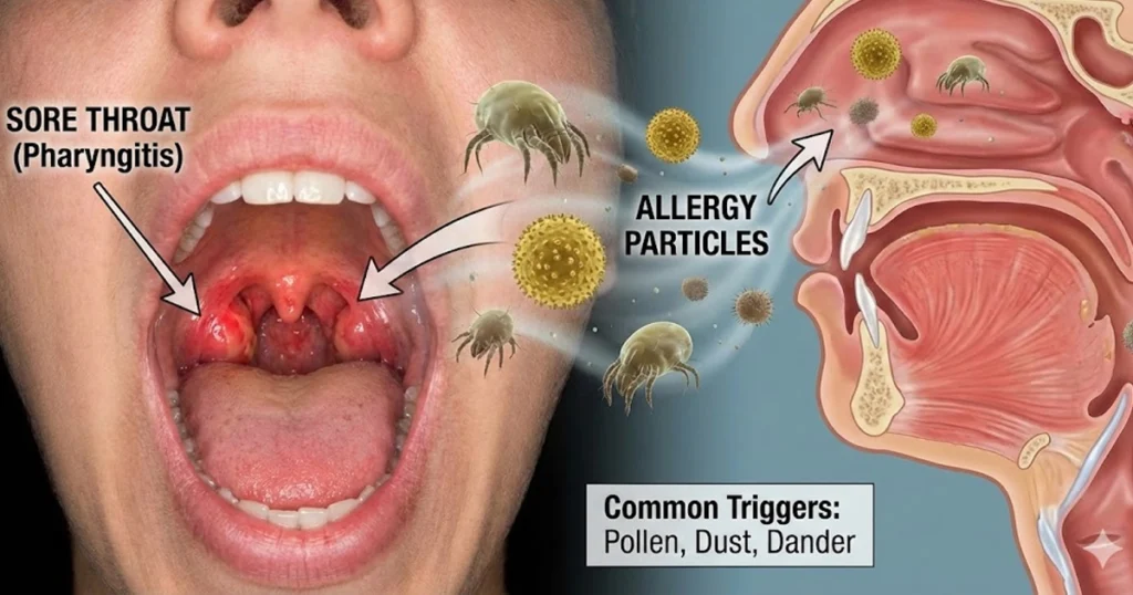 Allergy particles causing sore throat and throat inflammation.