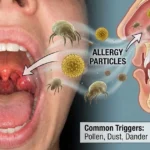 Allergy particles causing sore throat and throat inflammation.