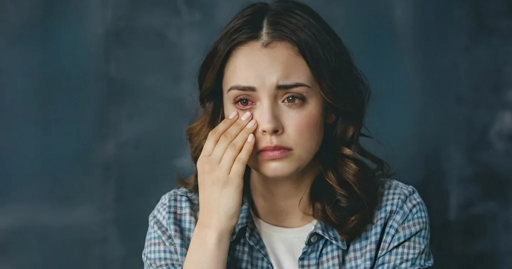 Woman rubbing a red, irritated eye with a concerned expression.