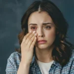 Woman rubbing a red, irritated eye with a concerned expression.