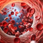 Red blood cells flowing through human blood vessels.