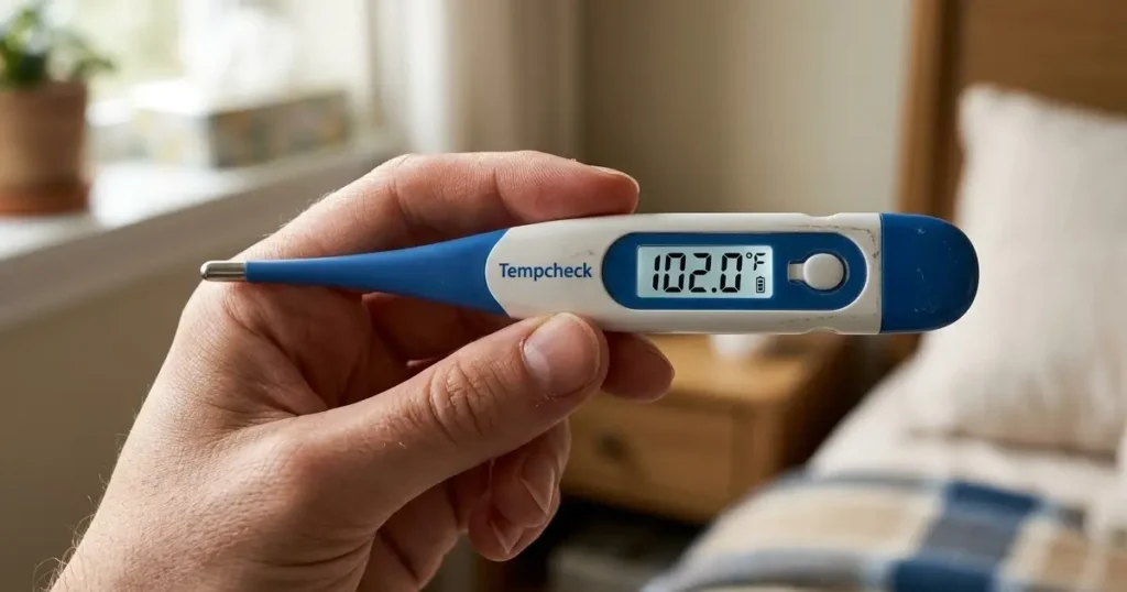 A close-up, first-person view of a hand holding a blue and white digital thermometer displaying a temperature of 102.0°F, with a blurred bedroom and nightstand in the background.