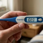 A close-up, first-person view of a hand holding a blue and white digital thermometer displaying a temperature of 102.0°F, with a blurred bedroom and nightstand in the background.