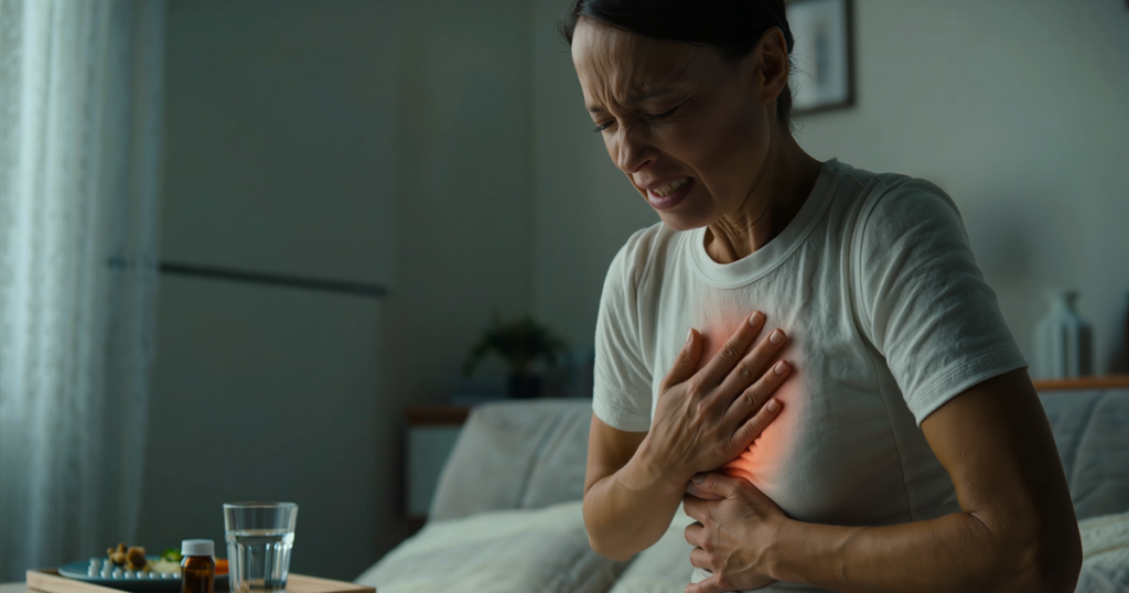 A woman sitting on a bed in a dimly lit room, grimacing in pain and clutching her chest and stomach.