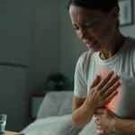 A woman sitting on a bed in a dimly lit room, grimacing in pain and clutching her chest and stomach.