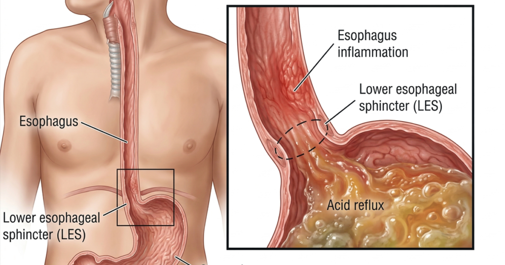 A medical illustration showing the human digestive system with a detailed inset of acid reflux in the esophagus.