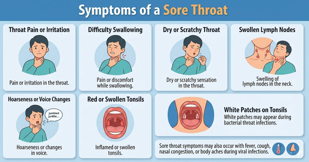 Infographic showing sore throat symptoms like swallowing pain, swollen lymph nodes, and red tonsils with illustrations.