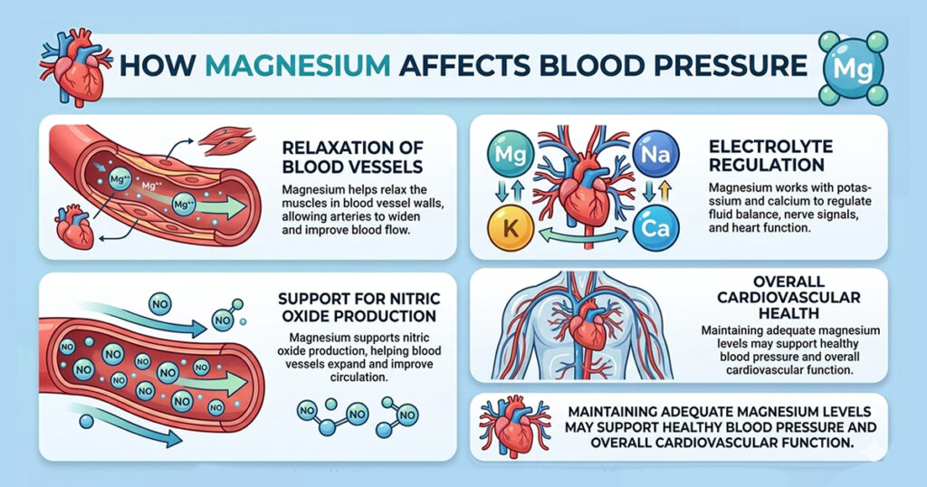 Infographic explaining how magnesium lowers blood pressure through vessel relaxation, electrolytes, and nitric oxide.
