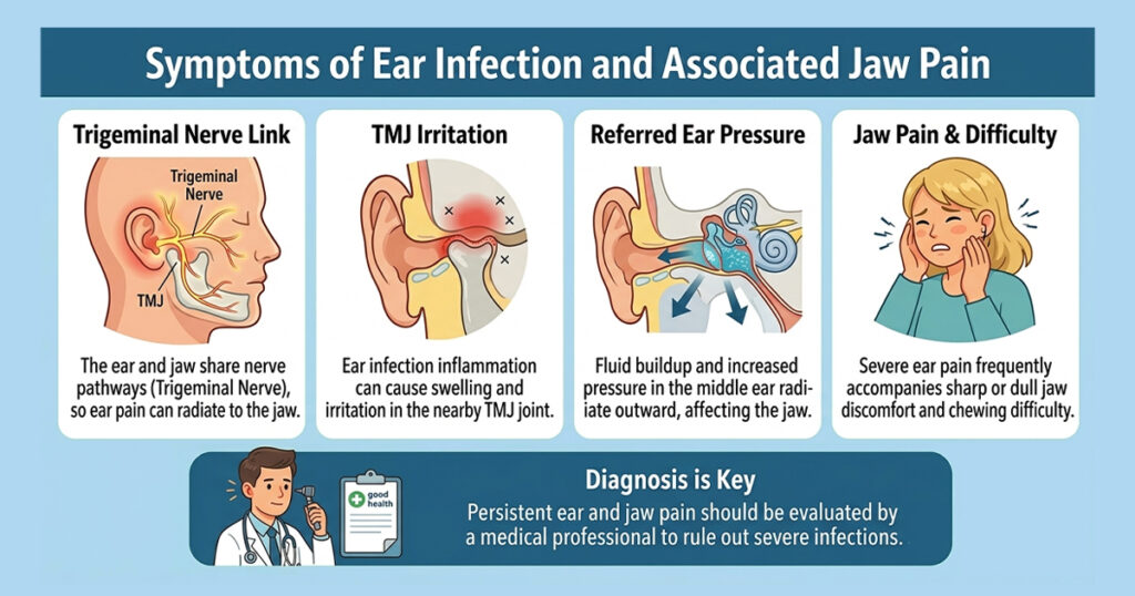 Infographic explaining the link between ear infections and jaw pain via the trigeminal nerve and TMJ irritation.
