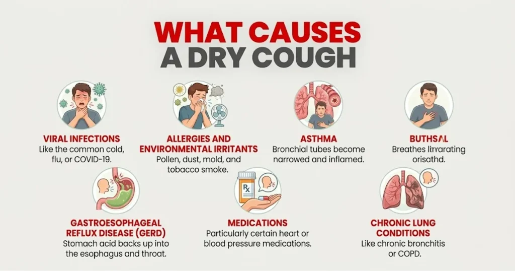 A medical infographic titled "WHAT CAUSES A DRY COUGH" in bold red and grey text. Seven circular icons illustrate various causes: Viral Infections (cold/flu), Allergies (pollen/dust), Asthma (inflamed lungs), GERD (acid reflux), Medications (heart/blood pressure pills), and Chronic Lung Conditions (COPD). Each icon features a stylized illustration and a brief explanatory caption.