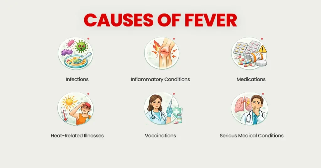 A medical infographic illustrating the various causes of fever, including infections, inflammatory conditions, medications, heat-related illnesses, vaccinations, and serious medical conditions.