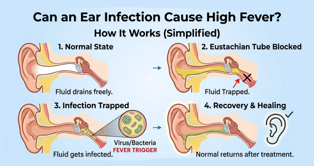 Infographic explaining how an ear infection can cause high fever, showing stages from a normal ear to blocked fluid, trapped infection, and recovery after treatment.