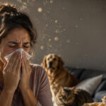 Woman sneezing amidst various common environmental allergens.