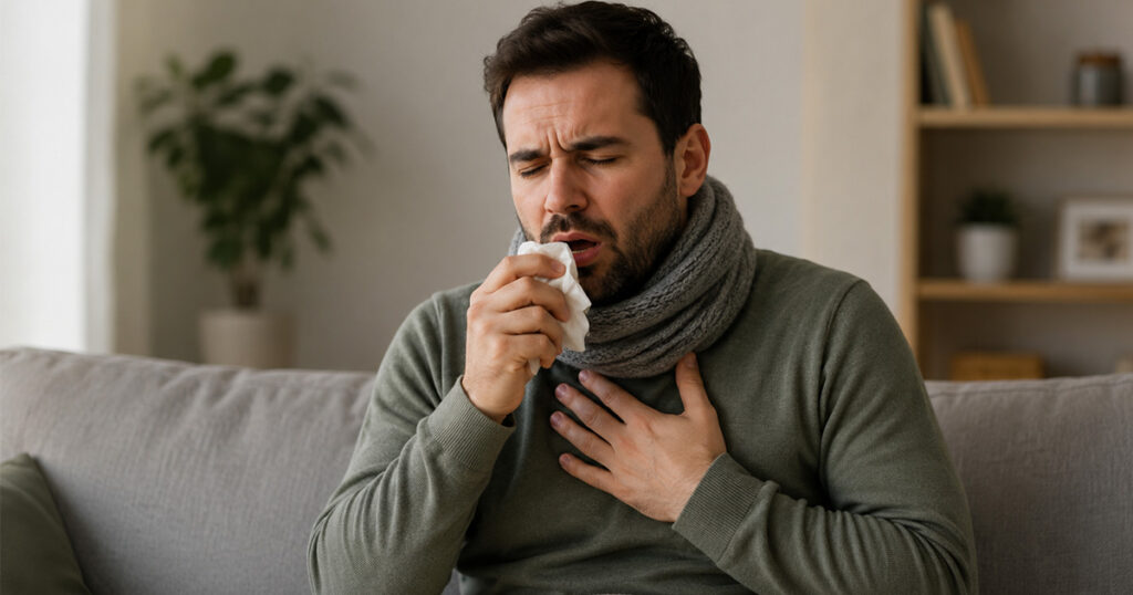 Sick man coughing on a couch.
