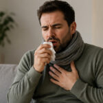 Sick man coughing on a couch.