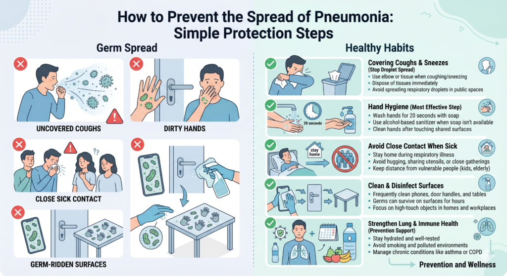 Pneumonia prevention infographic showing hygiene and safety steps