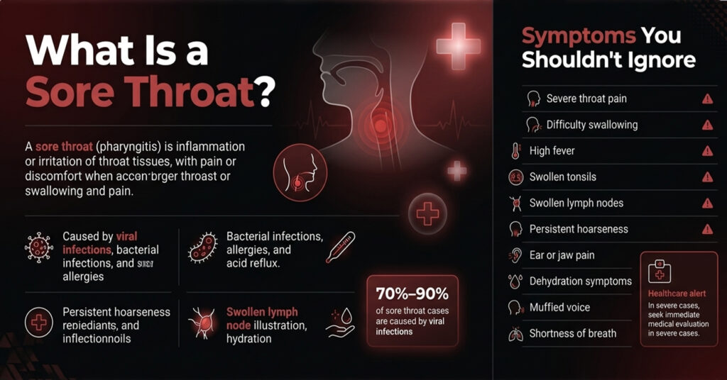 An infographic explaining the causes and critical symptoms of a sore throat.