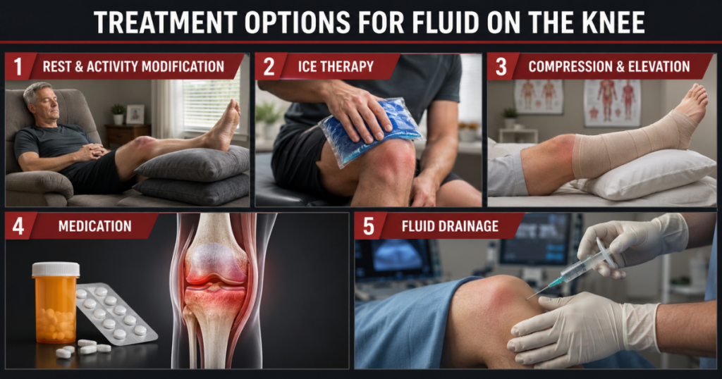 Infographic showing treatment options for fluid on the knee.