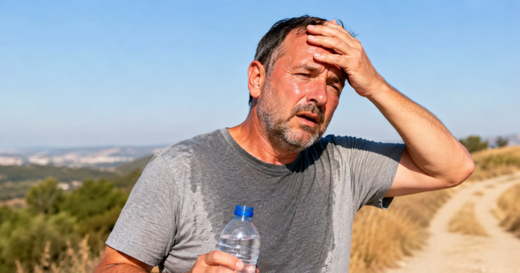 Sweaty man holding a water bottle and touching his forehead in intense heat.