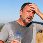 Sweaty man holding a water bottle and touching his forehead in intense heat.