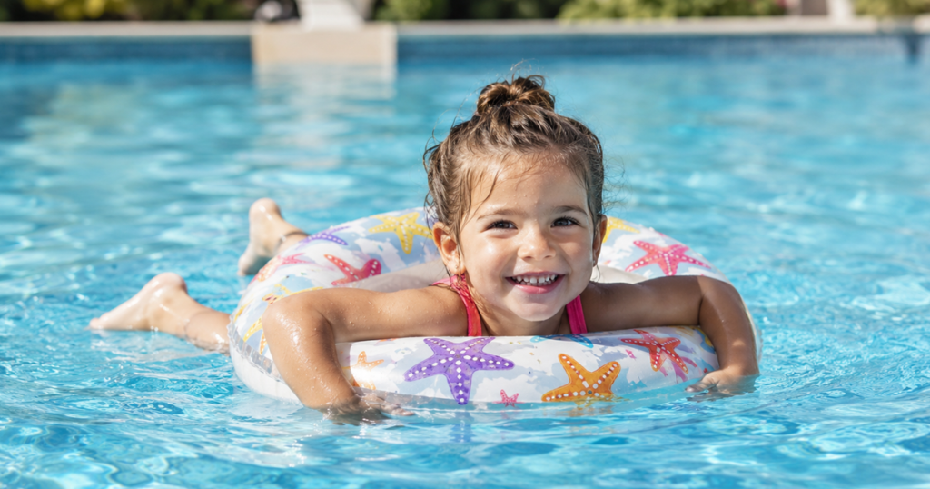 Smiling girl floating on a pool ring in clear blue water.
