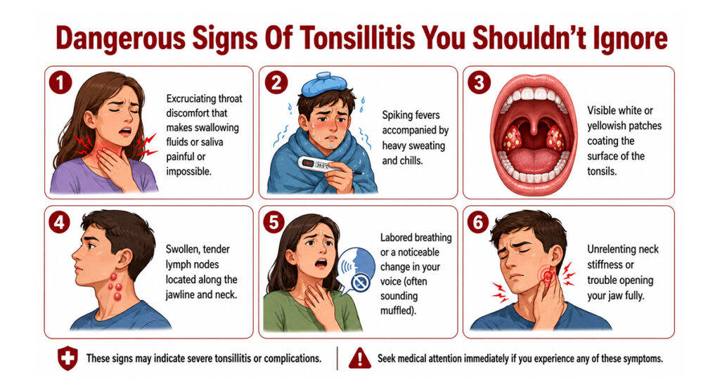 Infographic showing six dangerous signs of tonsillitis with medical illustrations