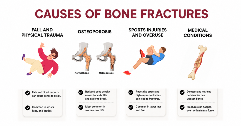 Infographic showing common causes of bone fractures.