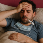 A sick man lying in bed with a fever, holding his hand to his head with a digital thermometer in his mouth and a light blue face mask resting on his chest.