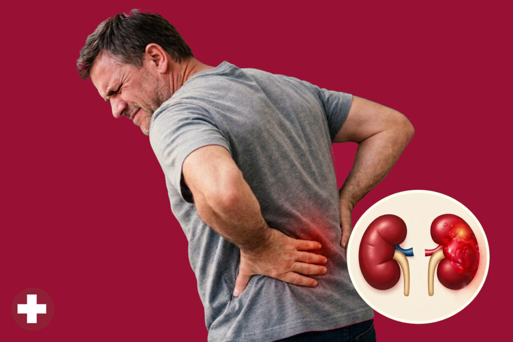 A man in a grey t-shirt holding his lower back in pain, overlaid with a medical illustration of two kidneys, one of which is inflamed or injured.