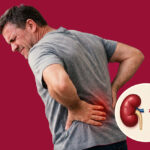 A man in a grey t-shirt holding his lower back in pain, overlaid with a medical illustration of two kidneys, one of which is inflamed or injured.