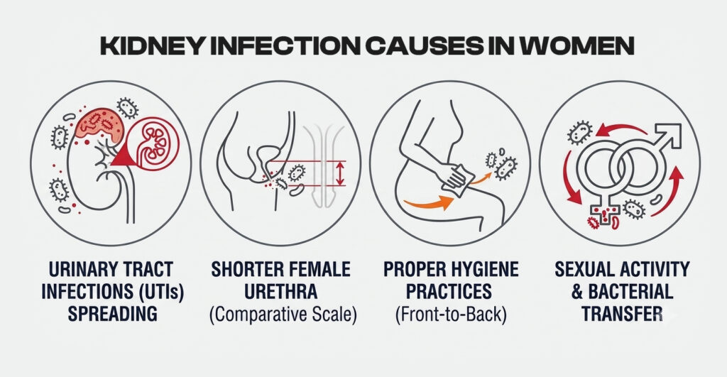 An infographic titled "Kidney Infection Causes in Women" showing four circular diagrams illustrating UTI spread, female urethra length, hygiene practices, and bacterial transfer during sexual activity.