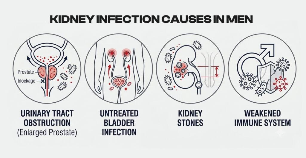 An infographic titled "Kidney Infection Causes in Men" showing four circular diagrams illustrating prostate-related urinary tract obstruction, untreated bladder infection, kidney stones, and a weakened immune system.