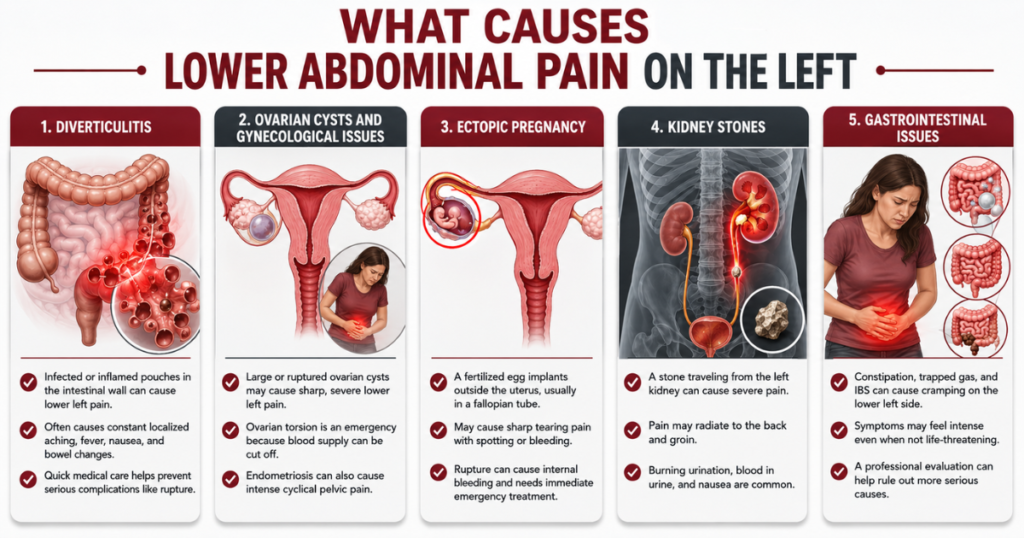 Infographic showing causes of lower left abdominal pain.