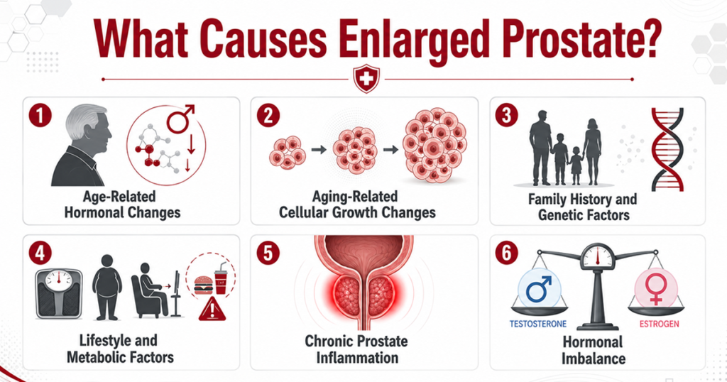 An enlarged prostate (BPH) is a non-cancerous condition where the prostate grows and can cause urinary problems in men, especially with age.