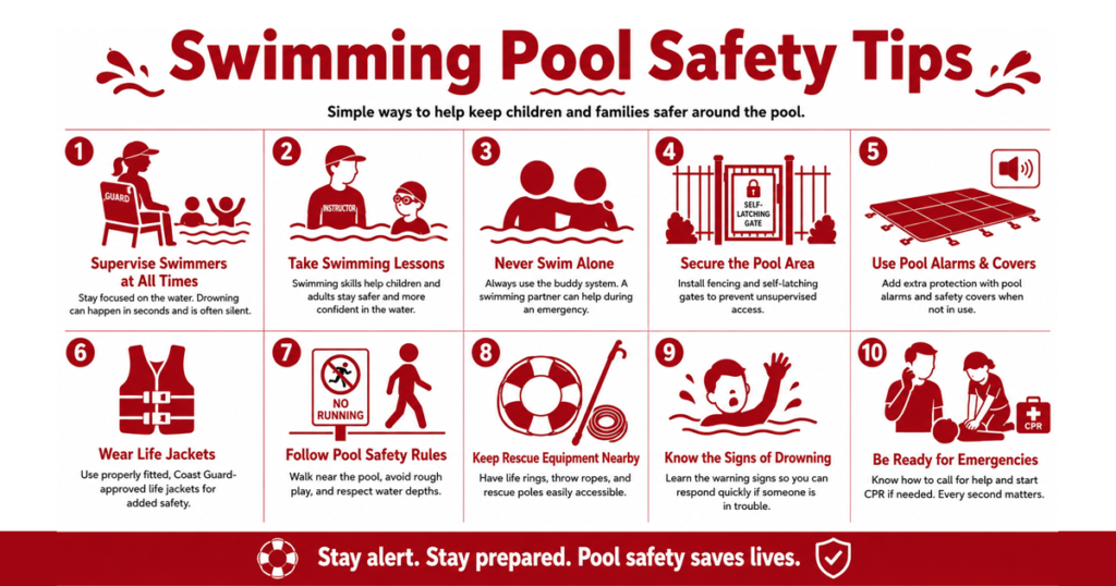 Neighbors: Red silhouette swimming pool safety tips infographic.