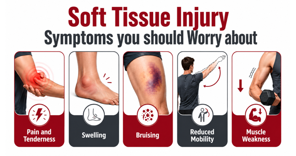 Infographic showing soft tissue injury symptoms including pain, swelling, bruising, reduced mobility, and muscle weakness.